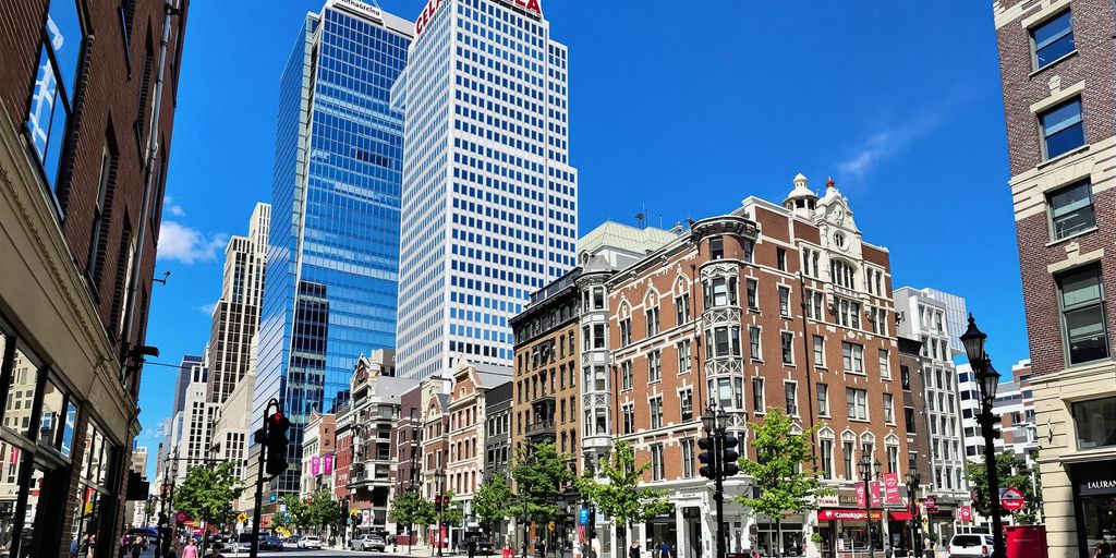 Philadelphia skyline, modern architecture, dynamic city streets in morning glow.