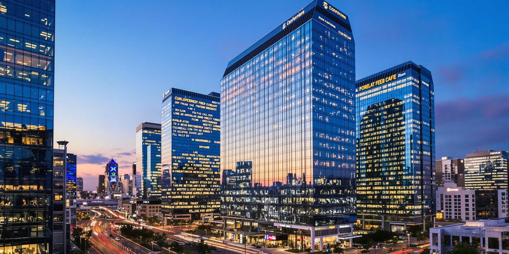 Modern corporate building amid vibrant twilight urban cityscape with energy.