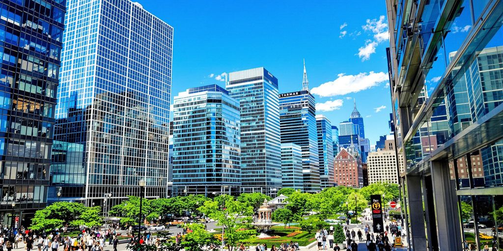 Vibrant urban NYC scene with modern office buildings and pedestrians.