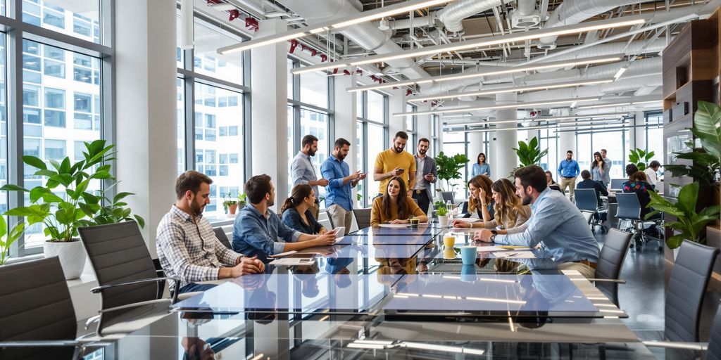 Modern American office scene with dynamic marketing professionals at work.