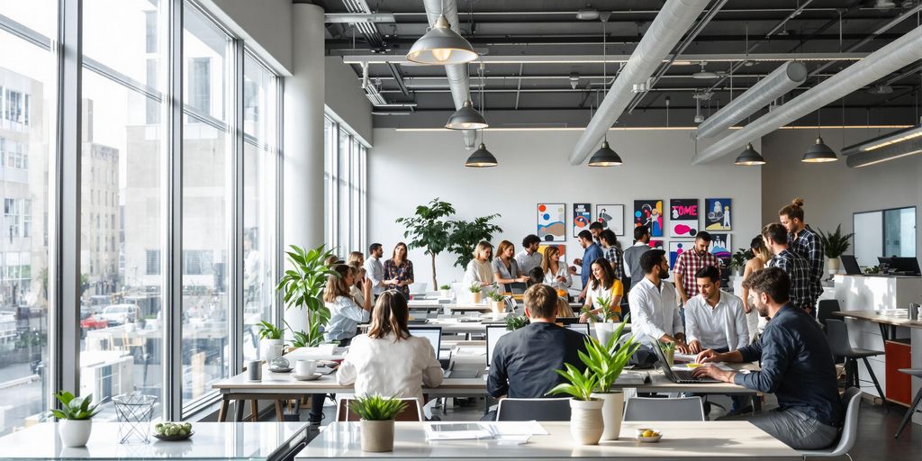 Modern business professionals collaborate inside a bright, stylish creative workspace.