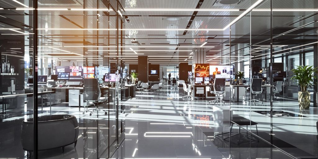 Modern office interior featuring sleek design and ambient natural lighting.
