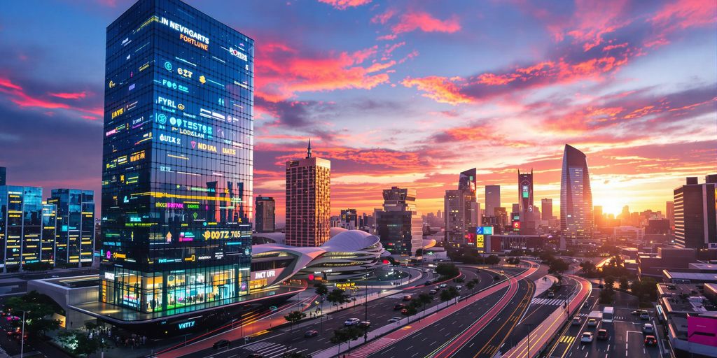 Futuristic urban dusk reflecting vibrant modern digital agency ambiance outdoors.