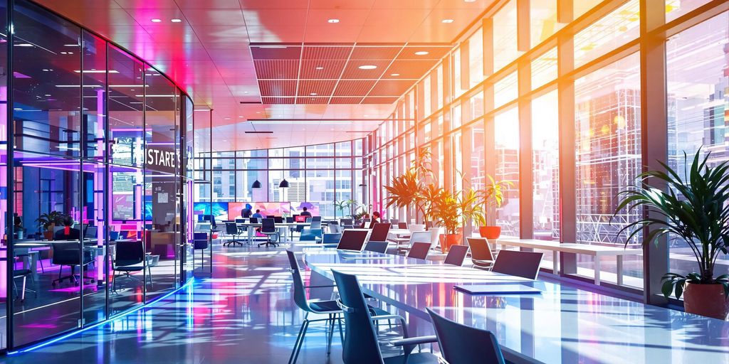 Modern office scene with advanced futuristic digital technology and networking.