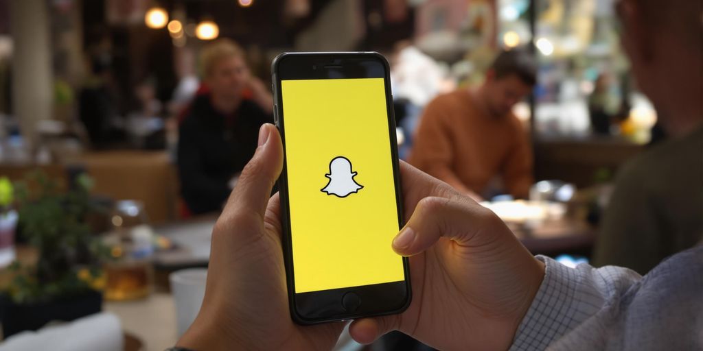 Smartphone held by youth displaying Snapchat interface under natural lighting.