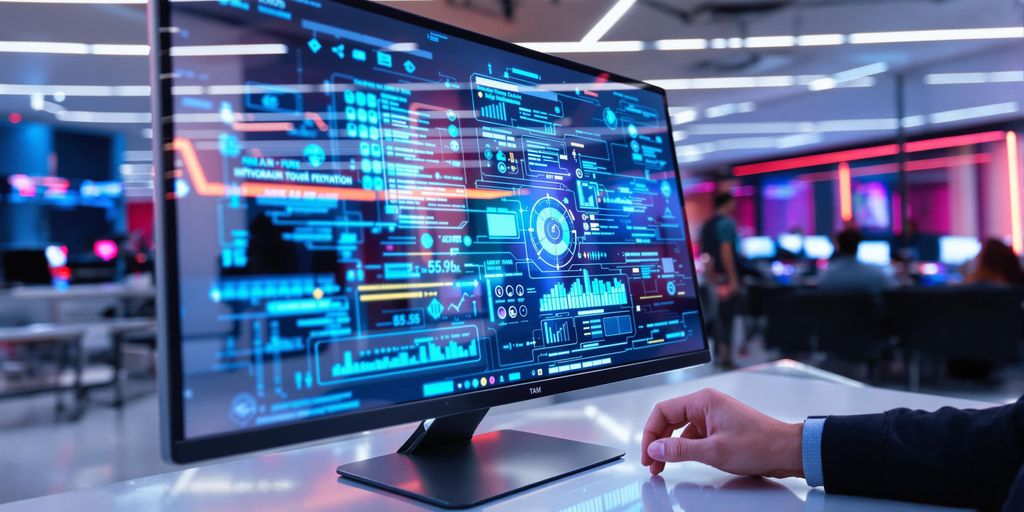 Modern digital office scene with a human interacting high-tech panel.
