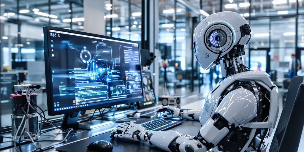 Futuristic workspace with advanced computer setup and dynamic robotic assistant.