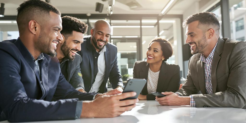 Modern office, sleek smartphone, diverse professionals in focused marketing dialogue.