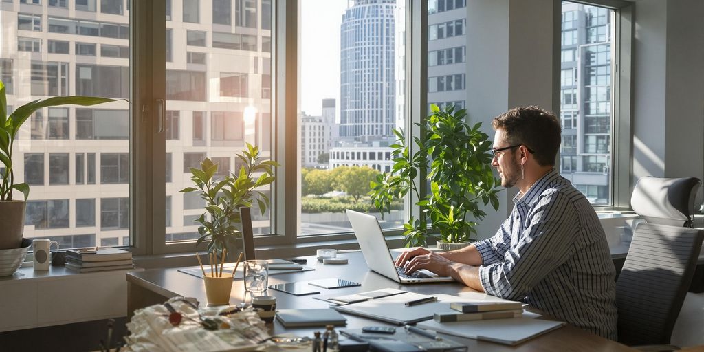 Contemporary office scene with professional at laptop for AI innovation.