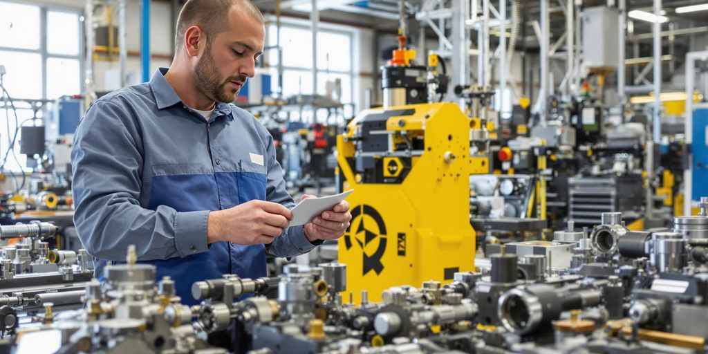 Engineer in modern workshop carefully working with precise mechanical components.