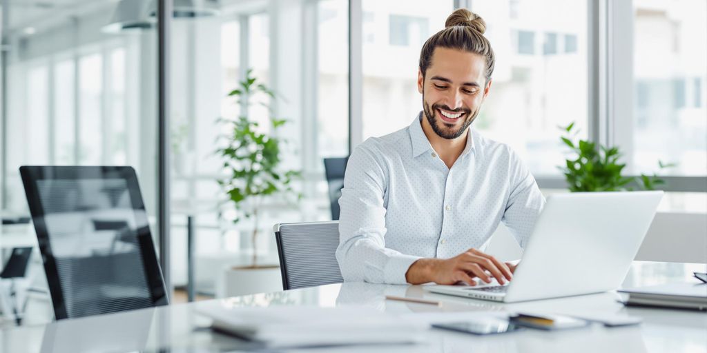 Professional at sleek laptop in modern office, radiating digital innovation.