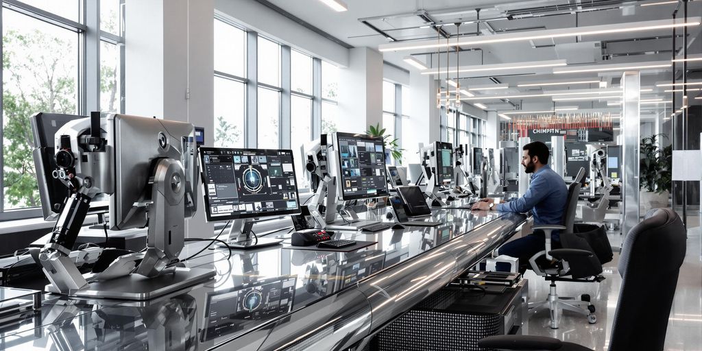 Futuristic modern office interior with sleek luminous high-tech design elements.