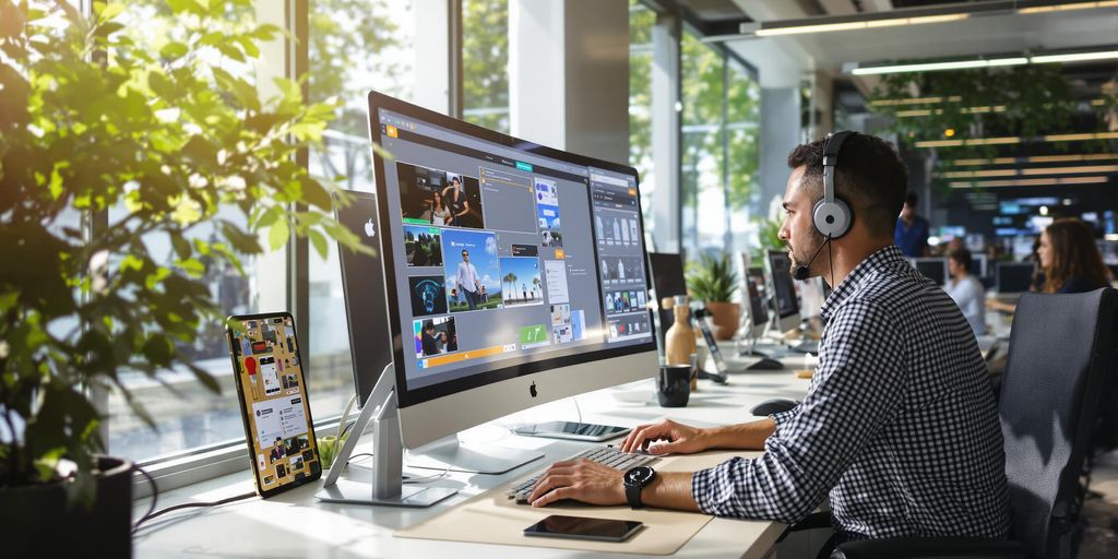 Customer service professional at computer in bright modern office workspace.