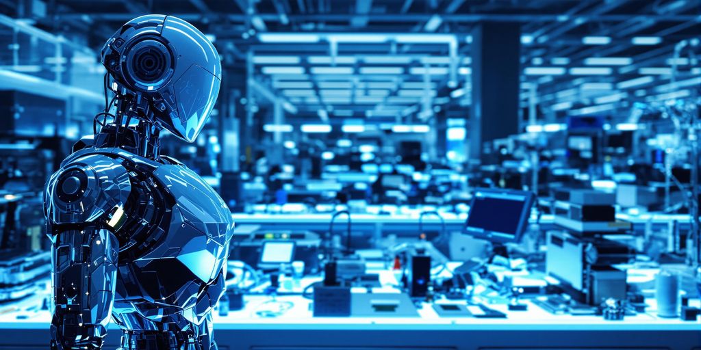 Futuristic robot in luminous lab with ambient blue modern lighting.
