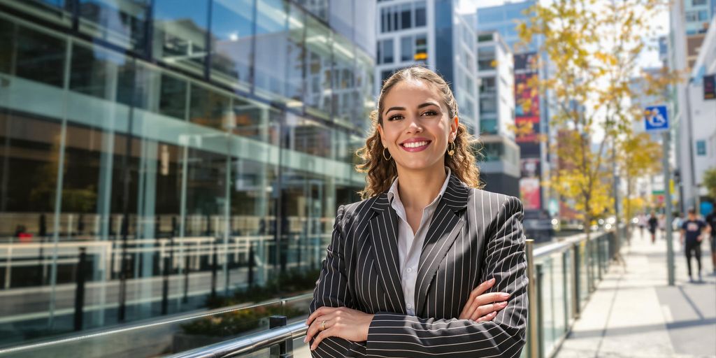 Confident influencer in vibrant urban setting under soft morning light.