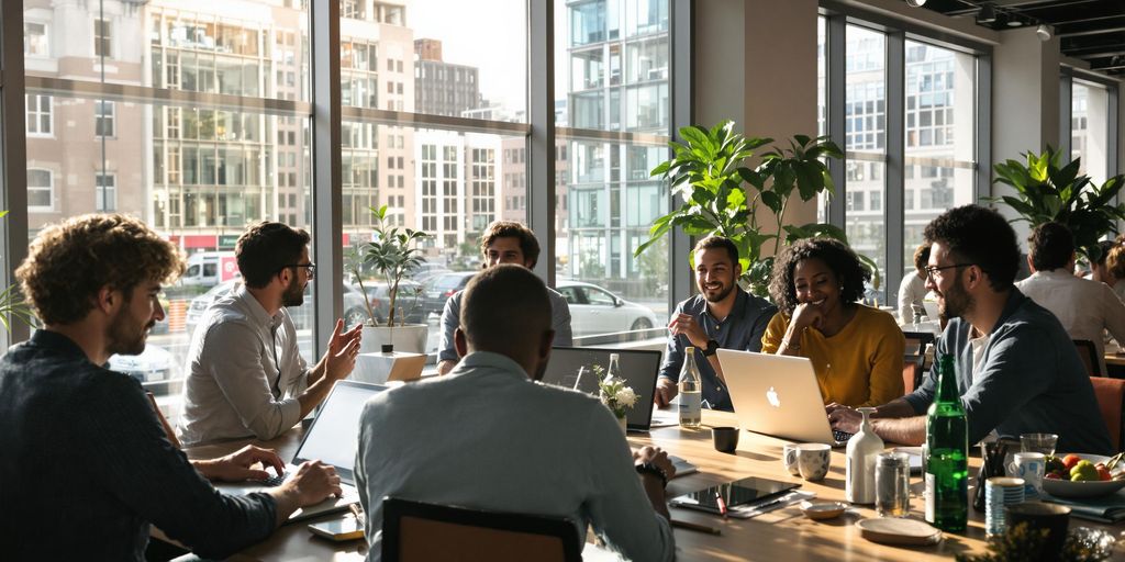Startup professionals collaborate in sleek, sunlit modern office space together.