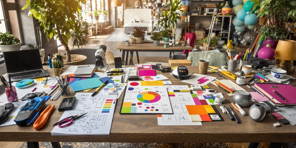 Photographic image of innovative brainstorming tools within dynamic creative workspace.