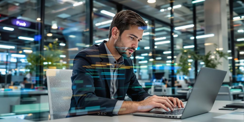 A focused professional in modern workspace using advanced technology today.