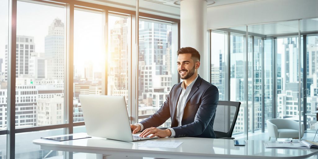 Modern office with sales agent amid digital technology and skyline.