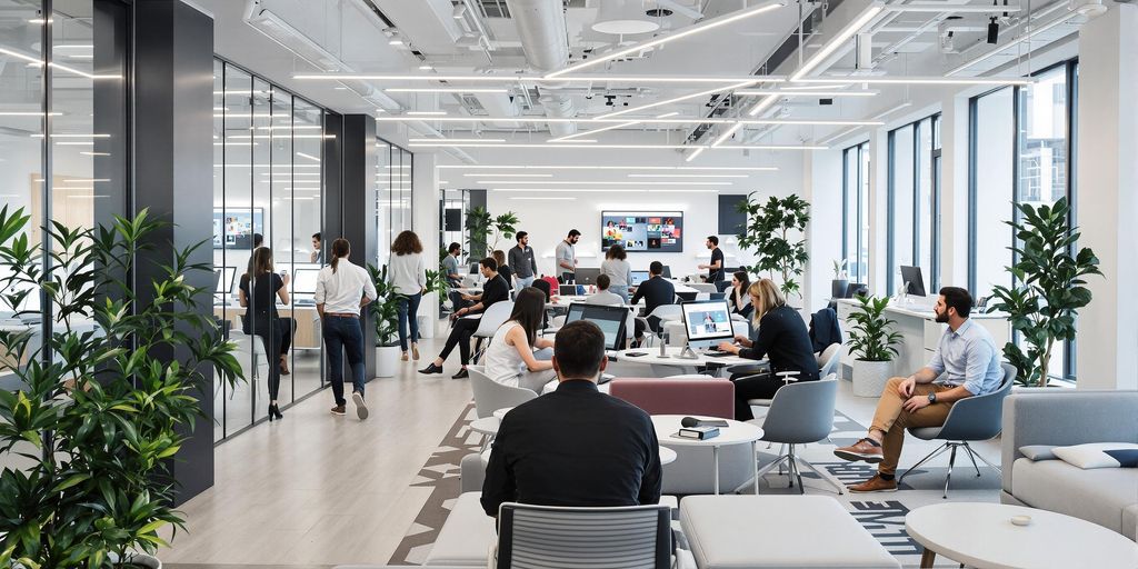 Modern office interior with professionals actively using digital devices together.