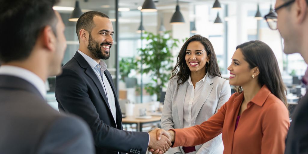 Bright modern office scene with professionals engaging in energetic networking.
