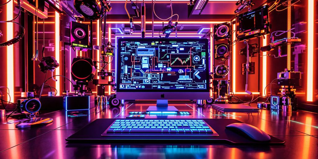 Modern futuristic workspace with neon glow, metallic devices, and innovation.