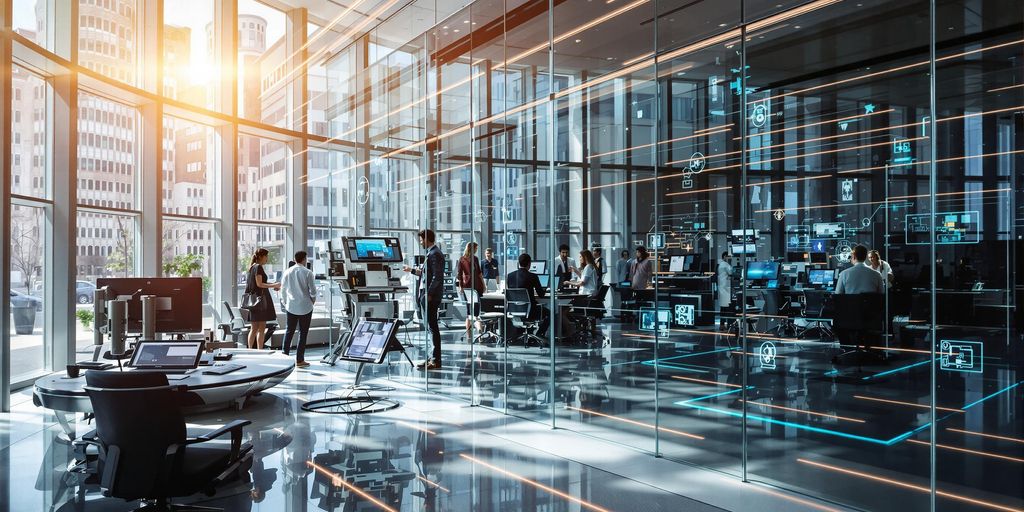 A modern workspace scene with advanced tech equipment and ambiance.