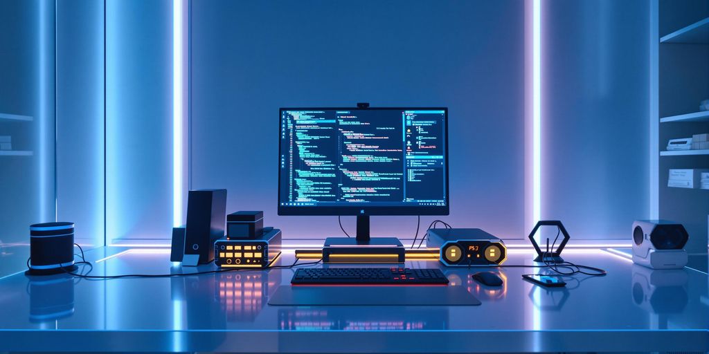Futuristic workstation with glowing screens and sleek modern hardware today.
