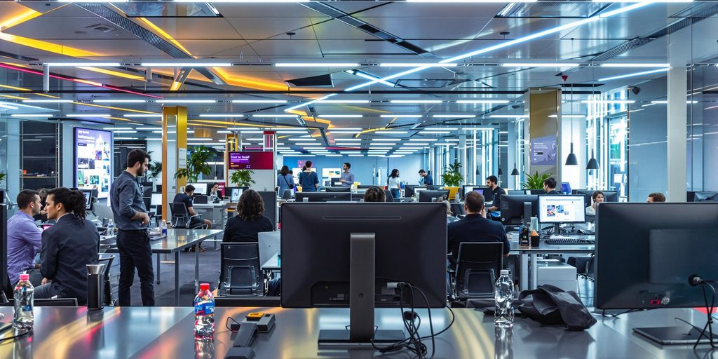 Photographic image of futuristic advertising professionals in modern urban office.