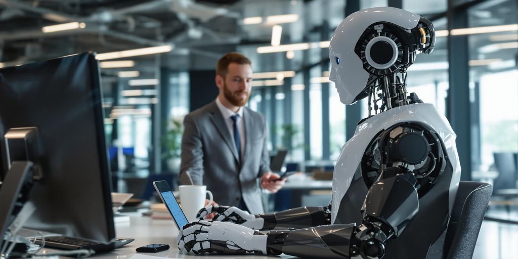 Photograph of a modern office with a humanlike AI robot.