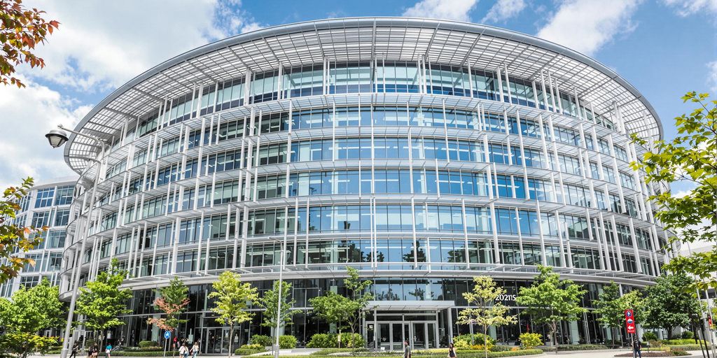 Modern pharma building with sleek glass facade and urban landscape