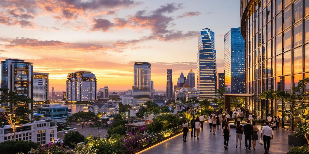 Modern twilight cityscape with vibrant professionals and sleek glass buildings.