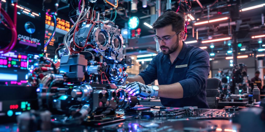 Tech expert assembling a futuristic robot in modern, bright workspace.