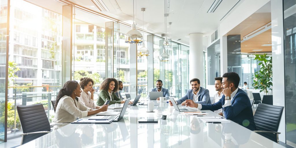 Modern team meeting in a bright office space in 2025.