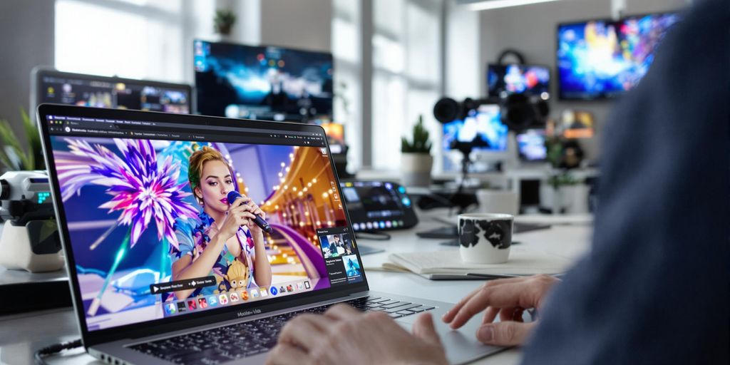 Photographic scene of a modern workspace featuring vibrant digital screens.