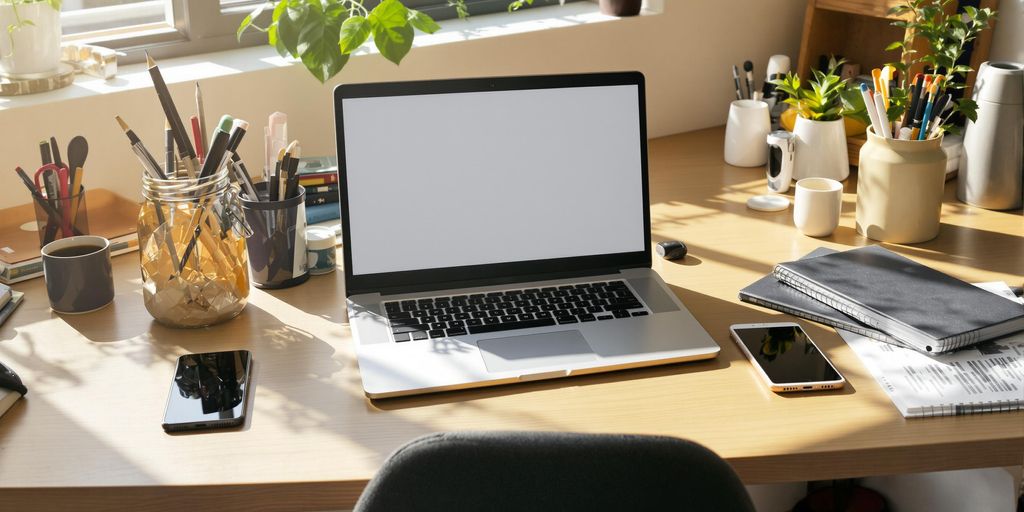 Sleek modern office desk with laptop, mobile, and coffee cup.