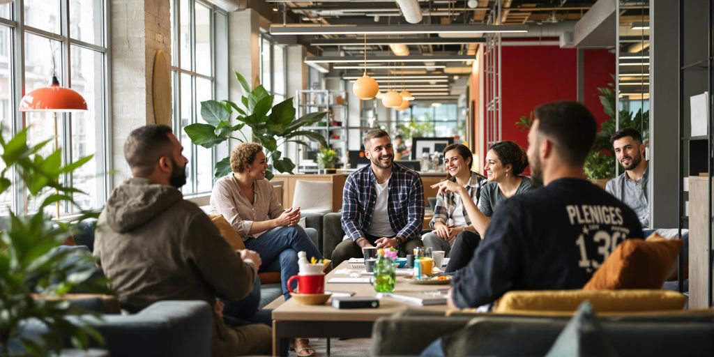 Modern office space with diverse experts actively engaged in discussion.