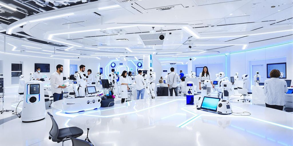 Futuristic office with smart robots, modern tech, and engaged employees.