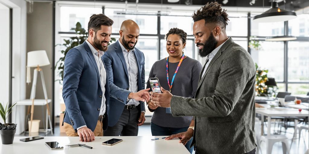 Urban office meeting of diverse professionals inspecting Instagram marketing visuals.
