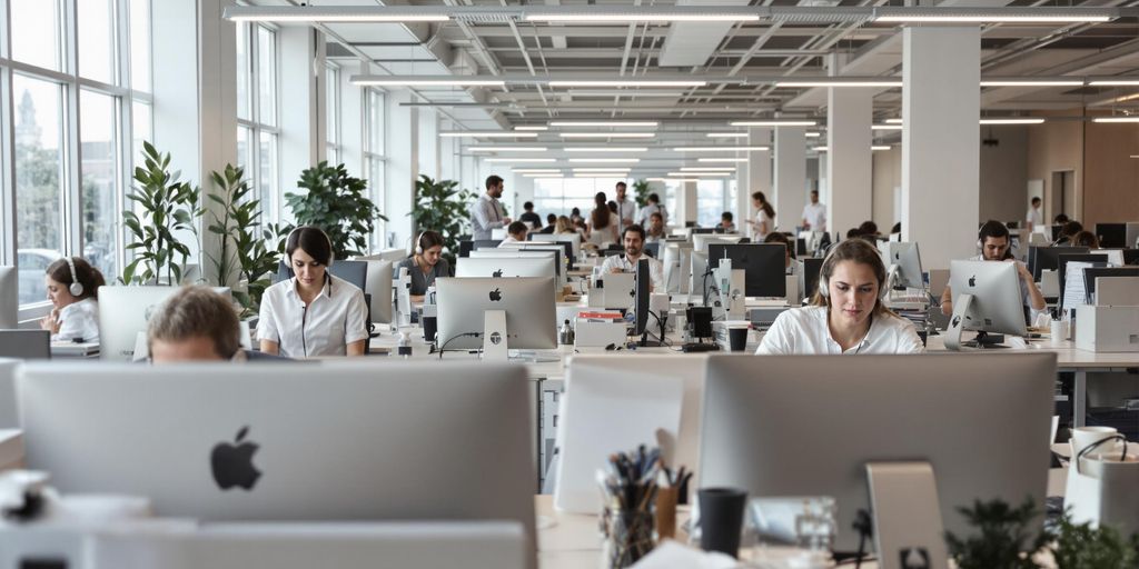 Modern office with service agents and digital equipment at work