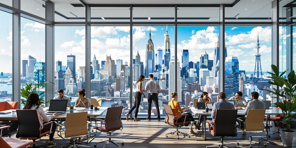 Photographic modern office image with vibrant urban American skyline exterior.