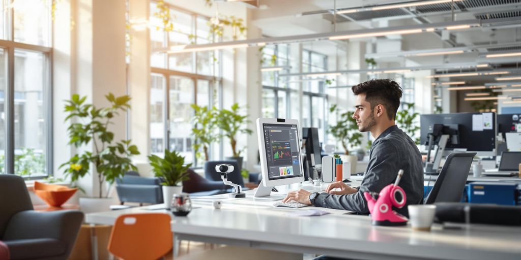 Futuristic workspace with cutting-edge modern tech and vibrant work environment.