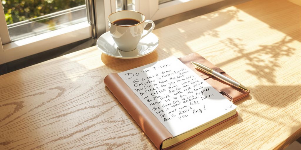 Bright modern creative workspace with notebook, pen, coffee, and sunlight.