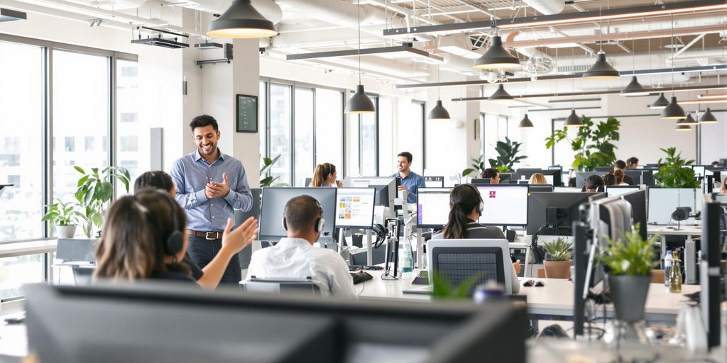 Modern support agents engaged in dynamic customer service teamwork collaboration.
