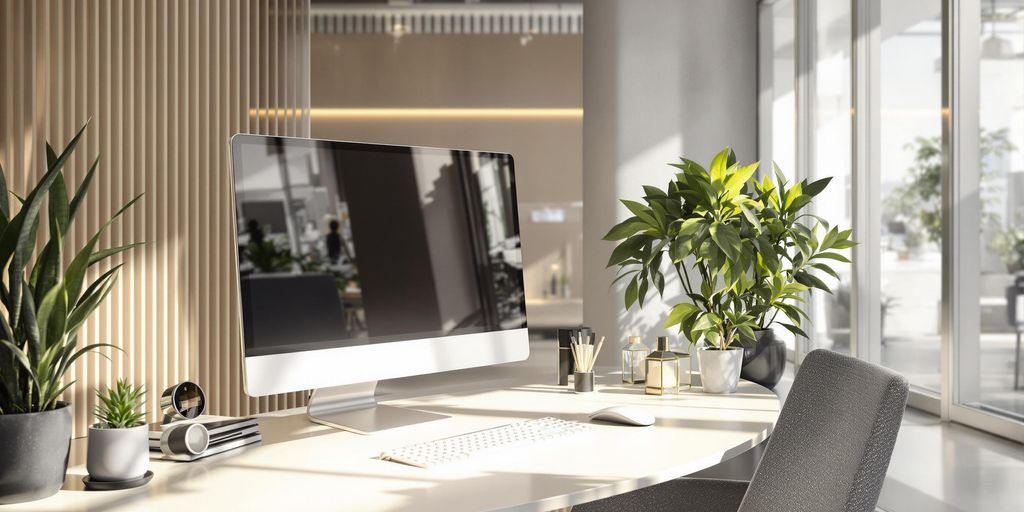 Modern office setup with futuristic computer in natural, ambient light.