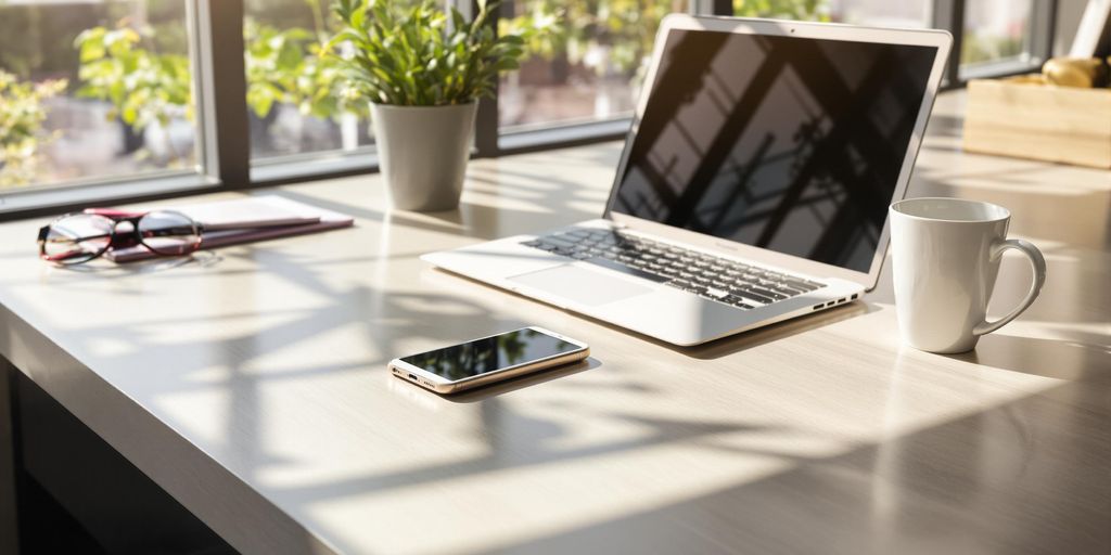 Photograph of modern, sleek workspace with laptop and coffee cup.