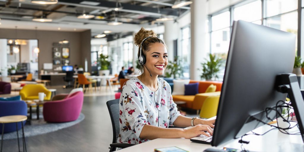 Photo of woman smiling beside computer in sleek modern office.
