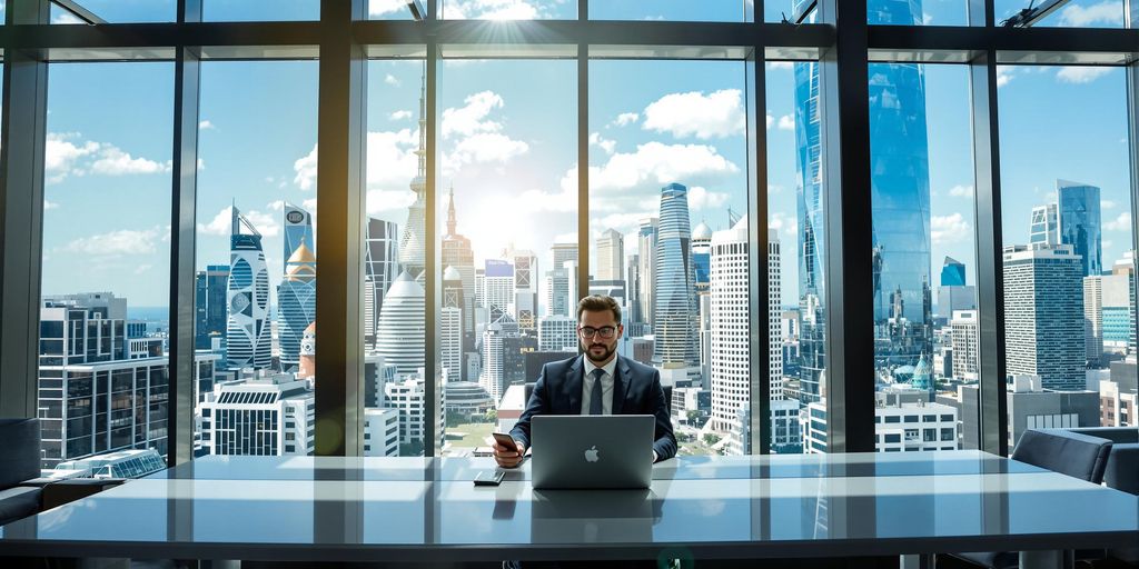Modern business office interior with natural light and skyline view.