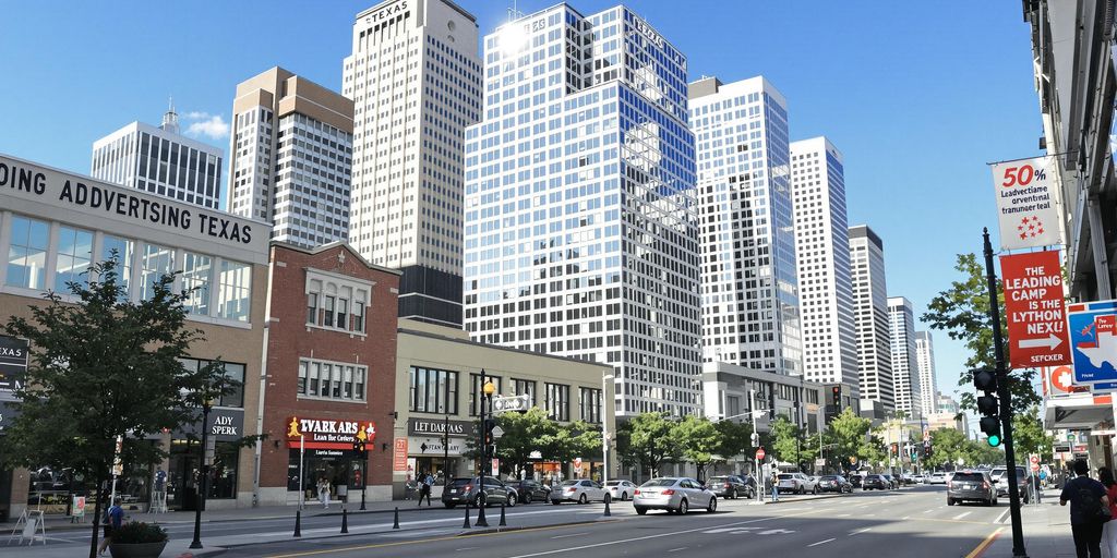 Texas urban street with modern corporate buildings in vibrant daylight.