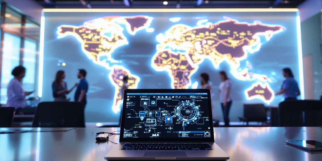 Dynamic modern office scene with glowing world map and laptop.